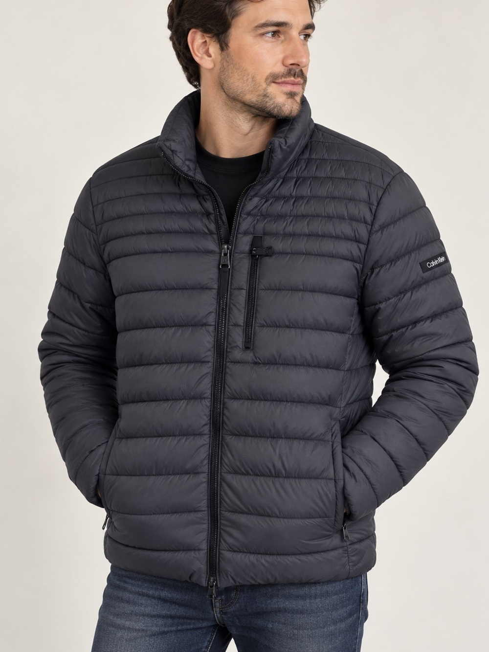 Calvin Klein Men’s Packable Puffer Jacket Gray Water Resistant Sorona Size L